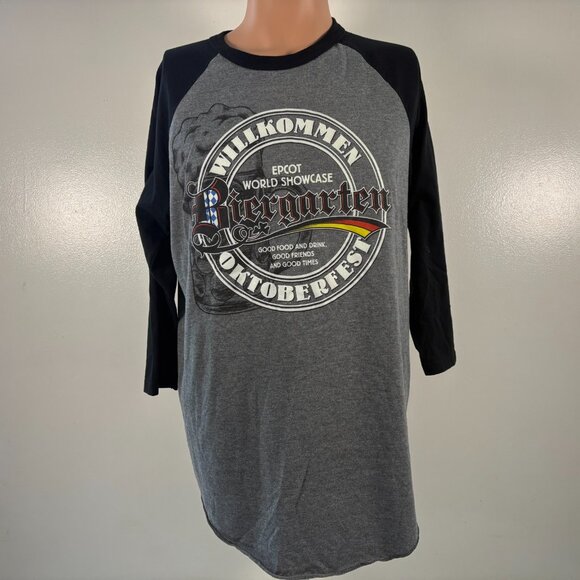 Disney Parks Oktoberfest T Shirt Mens Size L Grey Epcot Germany Raglan - Picture 2 of 4